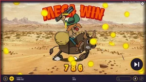 Tangkapan layar permainan slot Big Bounty Bandits: 3 Pots menampilkan karakter kartun Wild West bergaya rubber-hose dan simbol bonus.