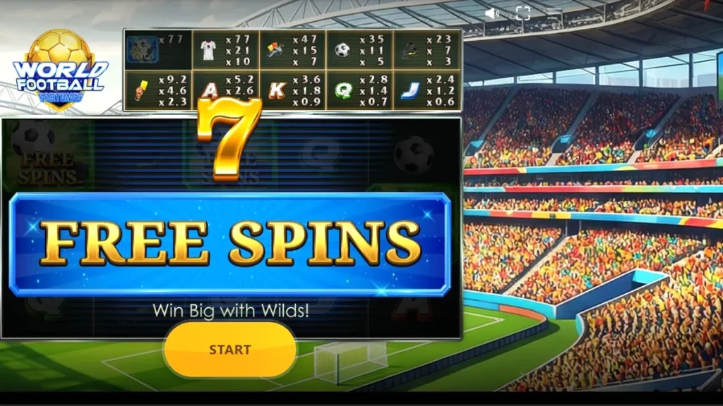 Tampilan antarmuka permainan slot World Football Fortunes dengan tema stadion sepak bola.