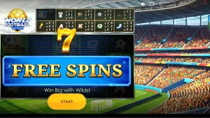 Tampilan antarmuka permainan slot World Football Fortunes dengan tema stadion sepak bola.