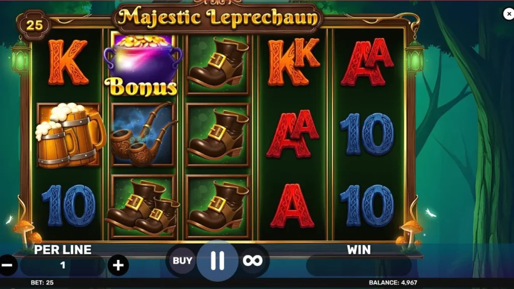 Majestic Leprechaun slot game interface with Irish folklore theme