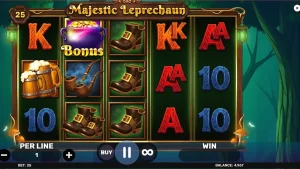 Majestic Leprechaun slot game interface with Irish folklore theme
